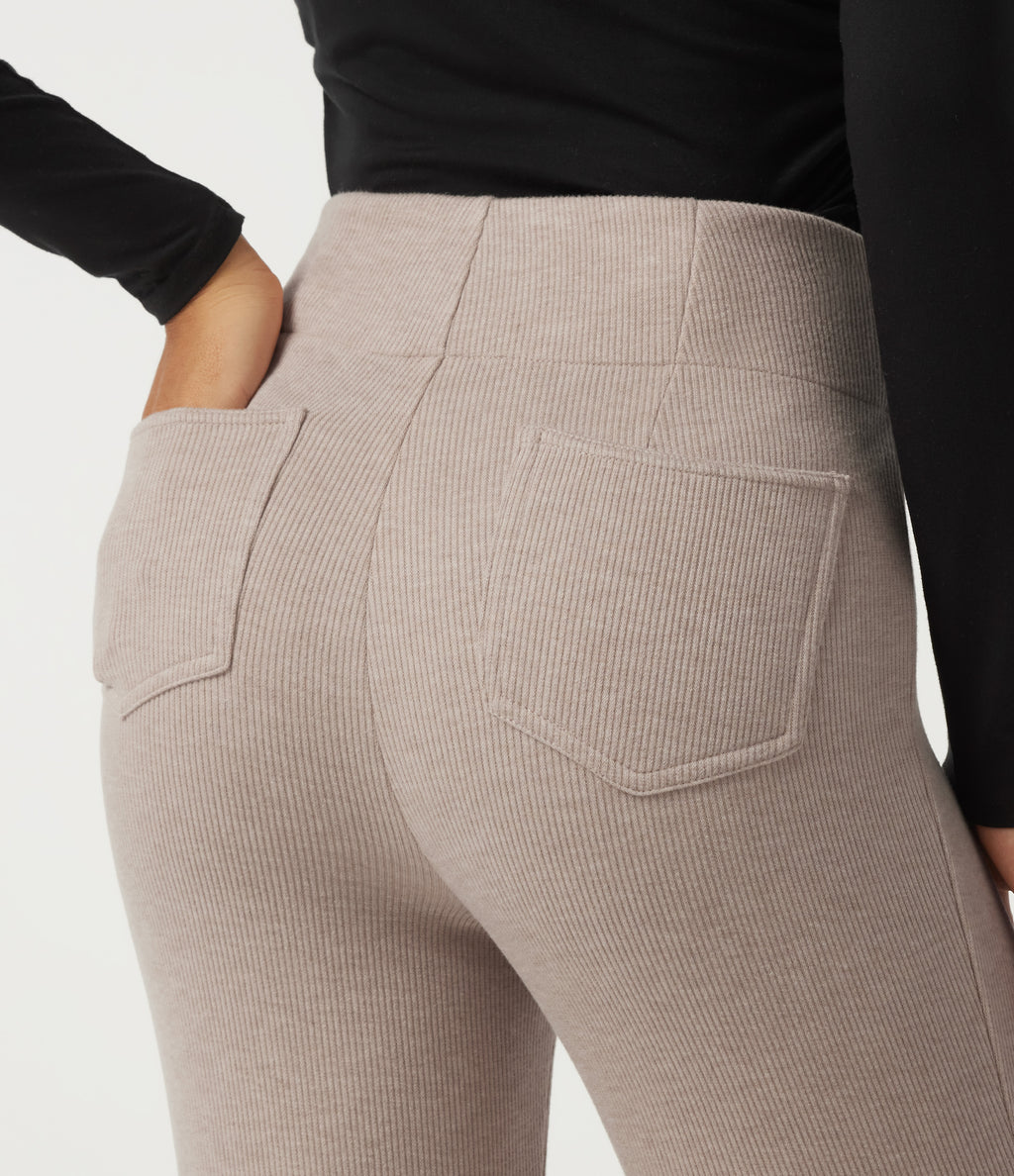Ribbed Knit High Waisted Tie Front Flare Casual Trousers with Pockets — Oatstone Beige — view 6