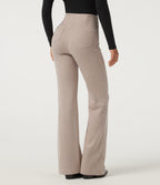 Ribbed Knit High Waisted Tie Front Flare Casual Trousers with Pockets — Oatstone Beige — view 2