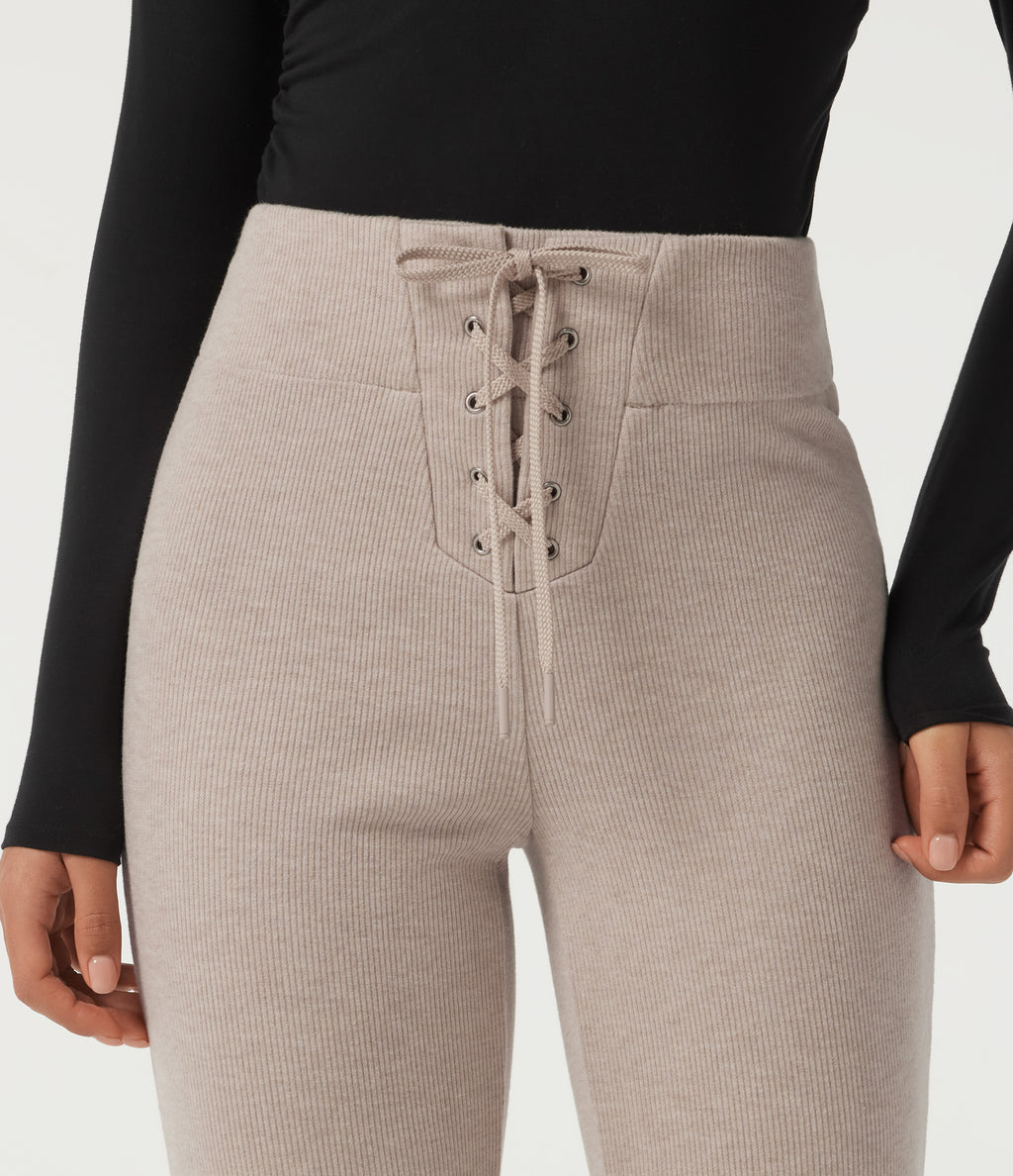 Ribbed Knit High Waisted Tie Front Flare Casual Trousers with Pockets — Oatstone Beige — view 5