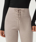Ribbed Knit High Waisted Tie Front Flare Casual Trousers with Pockets — Oatstone Beige — view 5