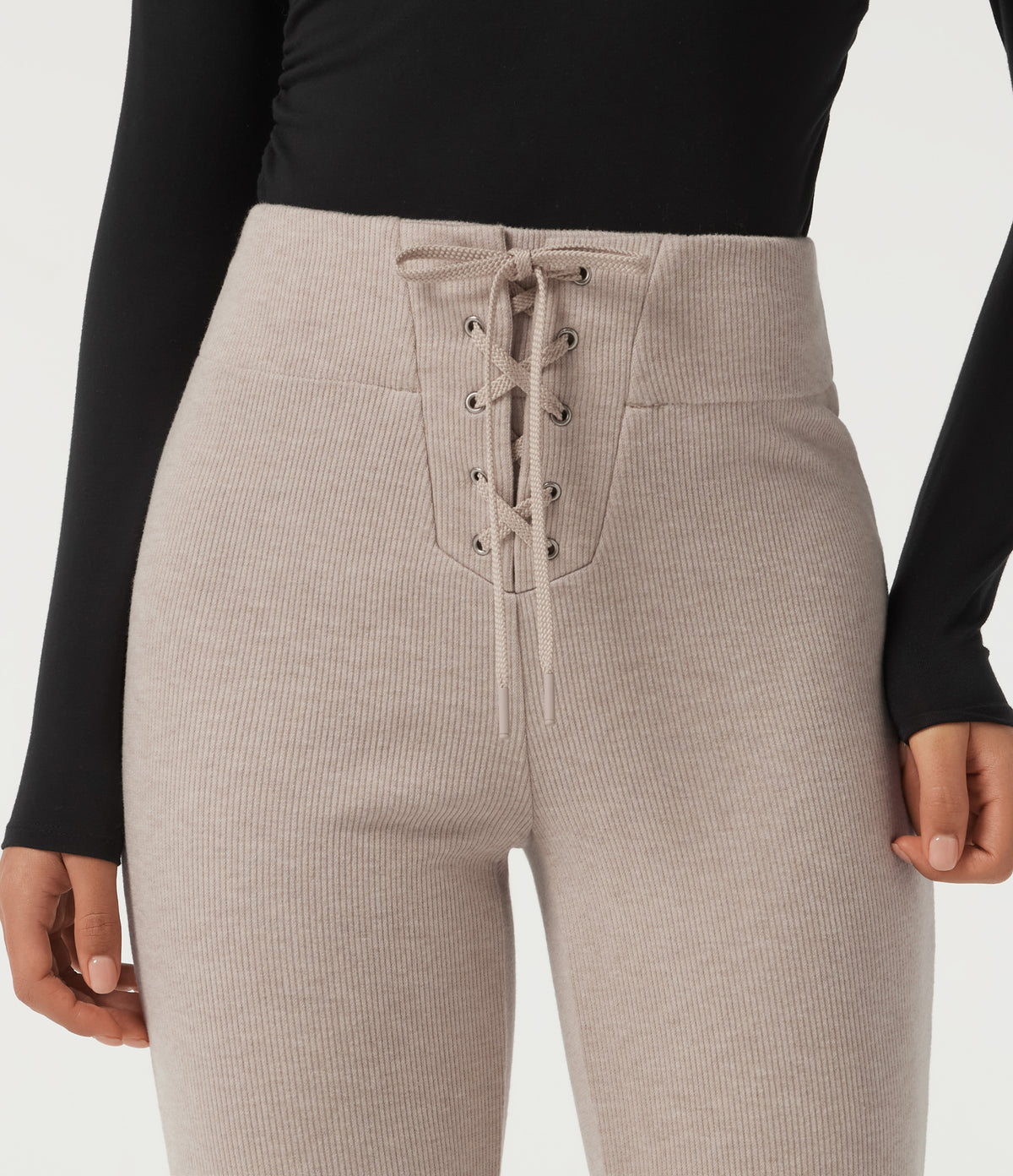 Ribbed Knit High Waisted Tie Front Flare Casual Trousers with Pockets — Oatstone Beige — view 5
