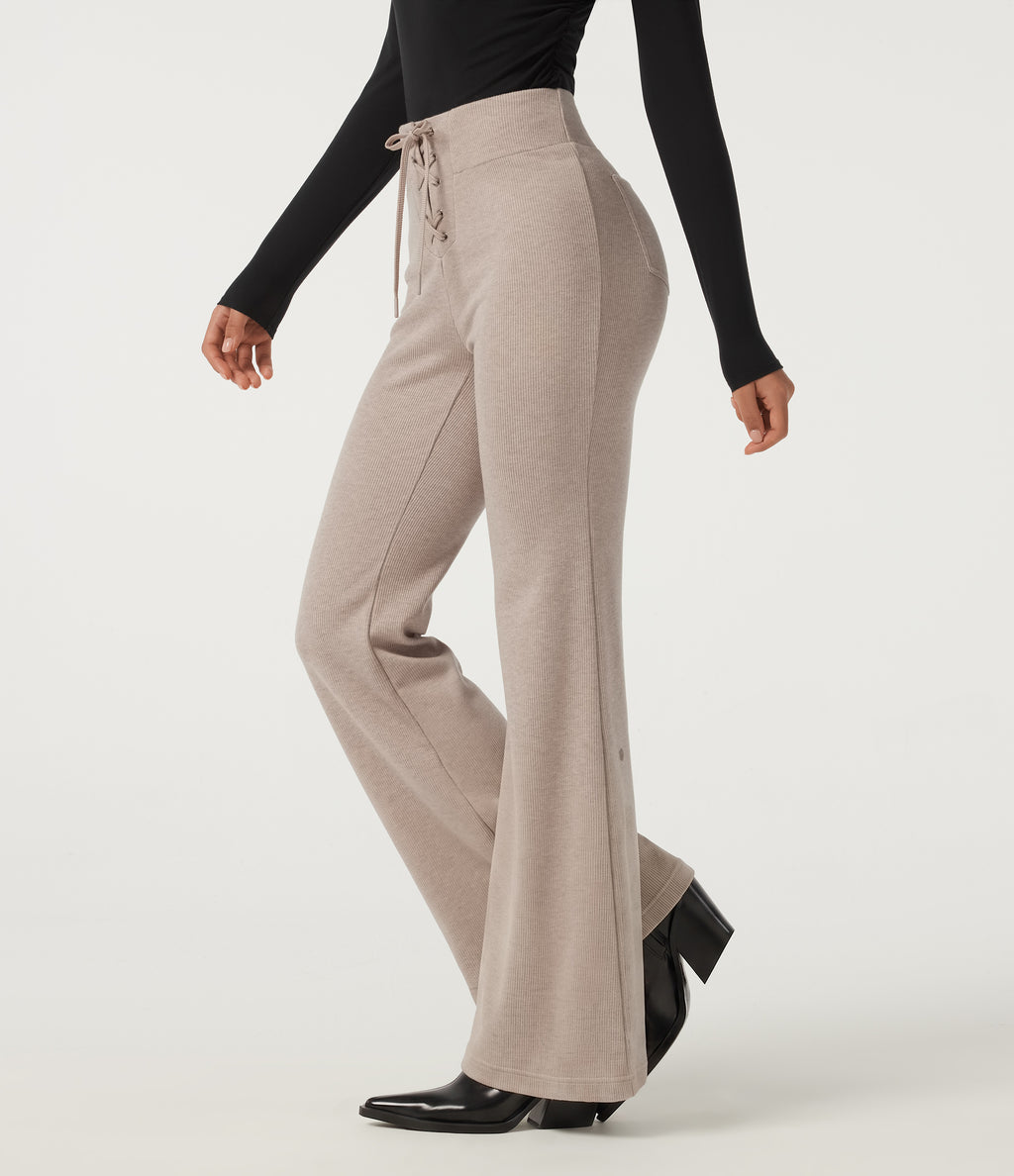 Ribbed Knit High Waisted Tie Front Flare Casual Trousers with Pockets — Oatstone Beige — view 3