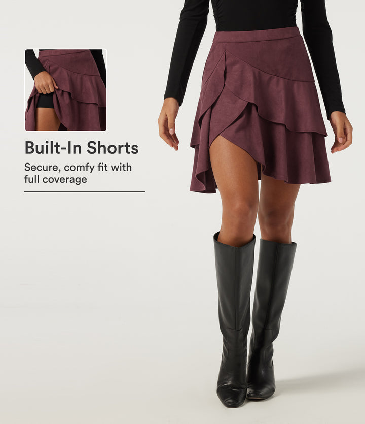 High Waisted Asymmetric Ruffle Hem Suede A-Line Casual Mini Skirt with Built-in Shorts and Pocket — Chocolate Truffle — view 1