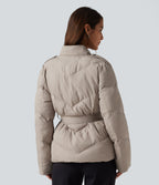 V Neck Long Sleeve Belted Casual Down Jacket with Pockets — Island Fossil — view 2