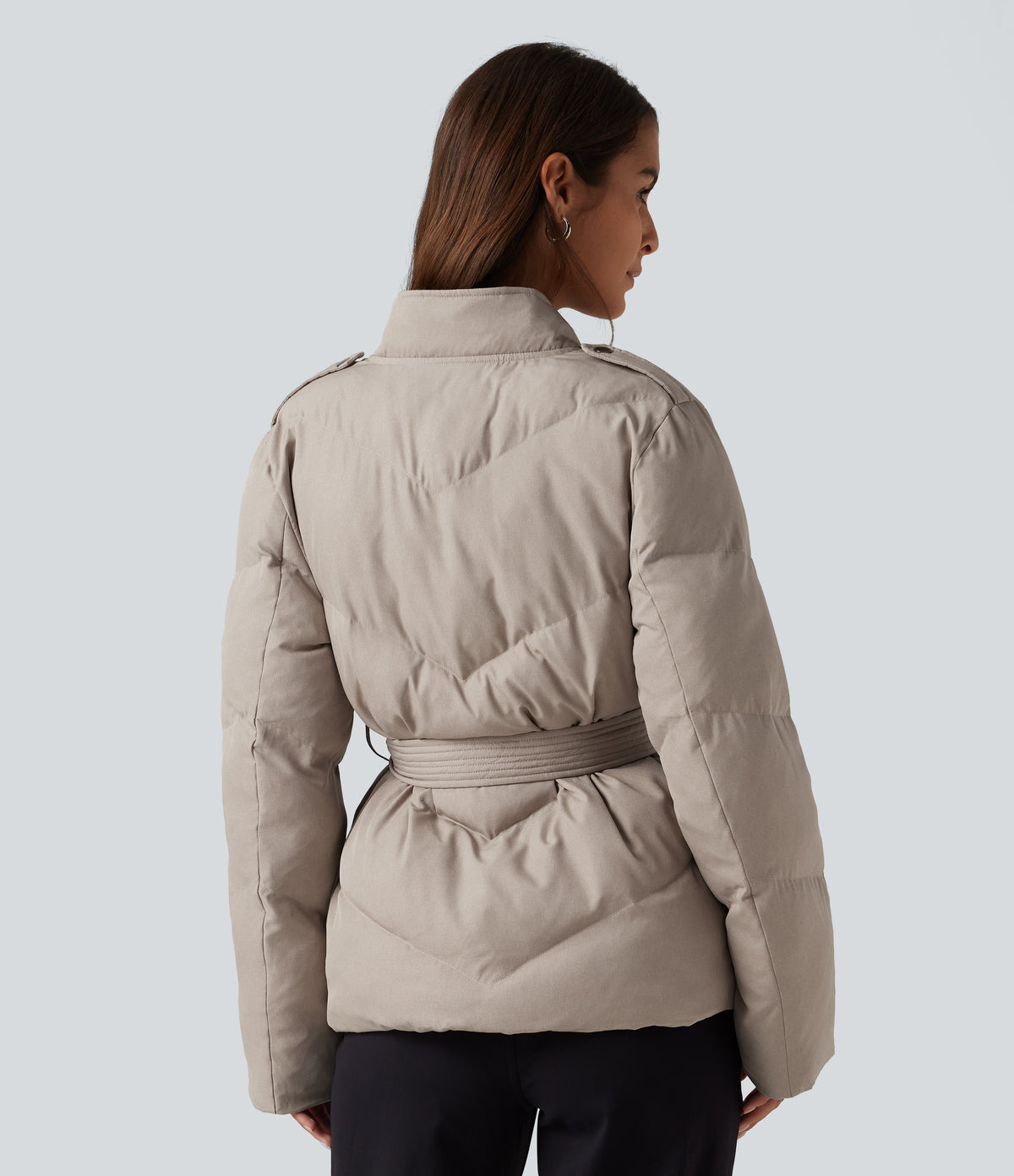 V Neck Long Sleeve Belted Casual Down Jacket with Pockets — Island Fossil — view 2