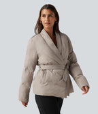 V Neck Long Sleeve Belted Casual Down Jacket with Pockets — Island Fossil — view 3