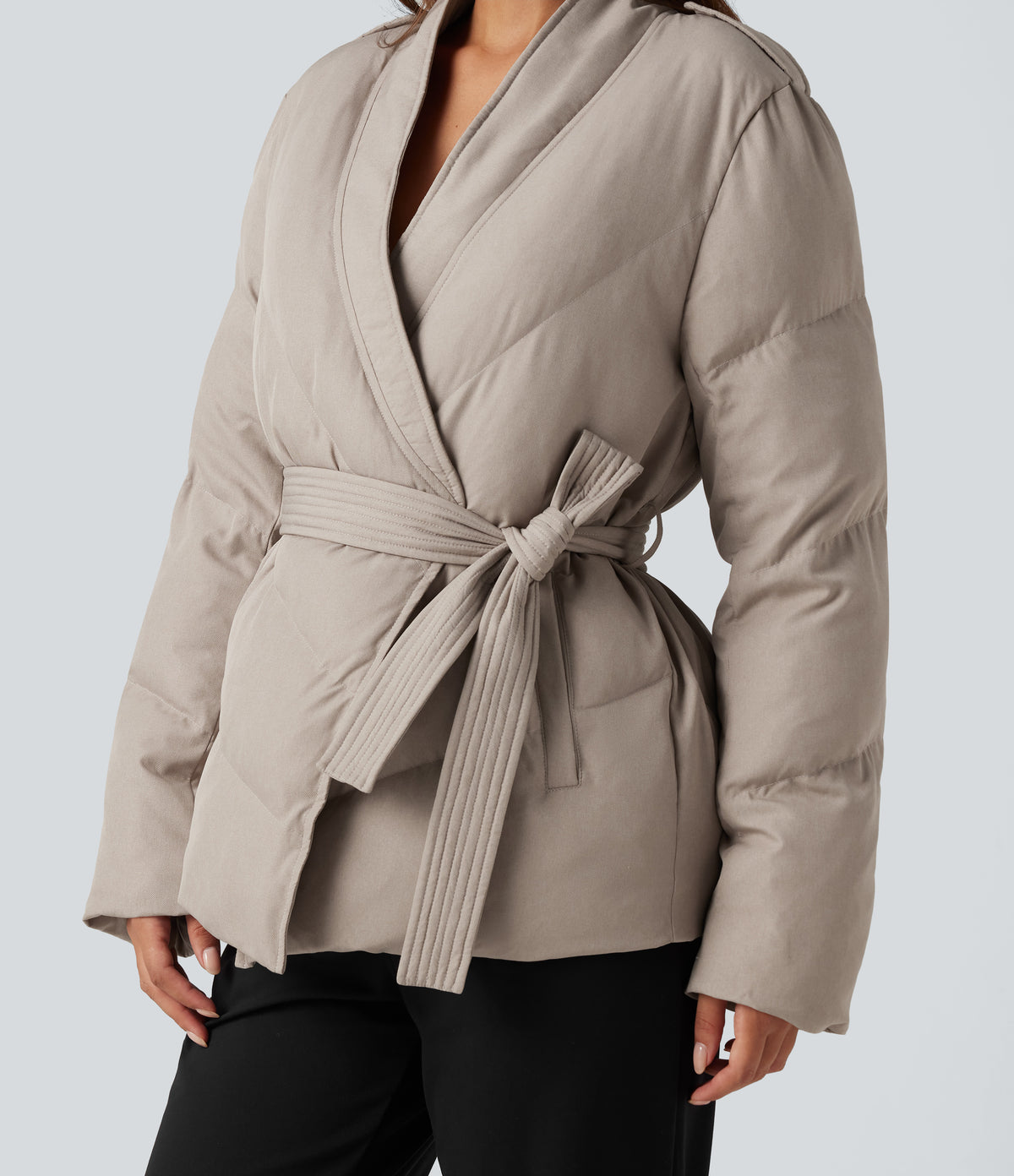 V Neck Long Sleeve Belted Casual Down Jacket with Pockets — Island Fossil — view 6