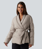 V Neck Long Sleeve Belted Casual Down Jacket with Pockets — Island Fossil — view 1