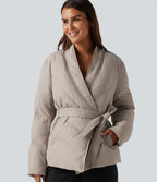 V Neck Long Sleeve Belted Casual Down Jacket with Pockets — Island Fossil — view 5