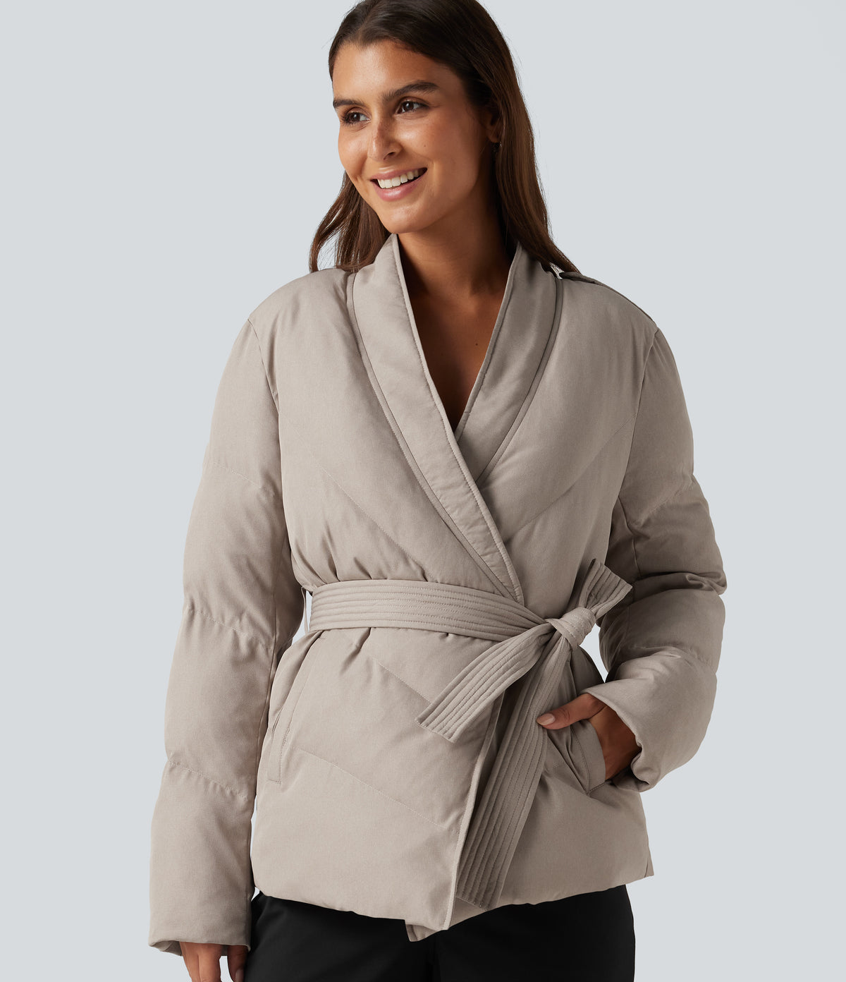 V Neck Long Sleeve Belted Casual Down Jacket with Pockets — Island Fossil — view 5