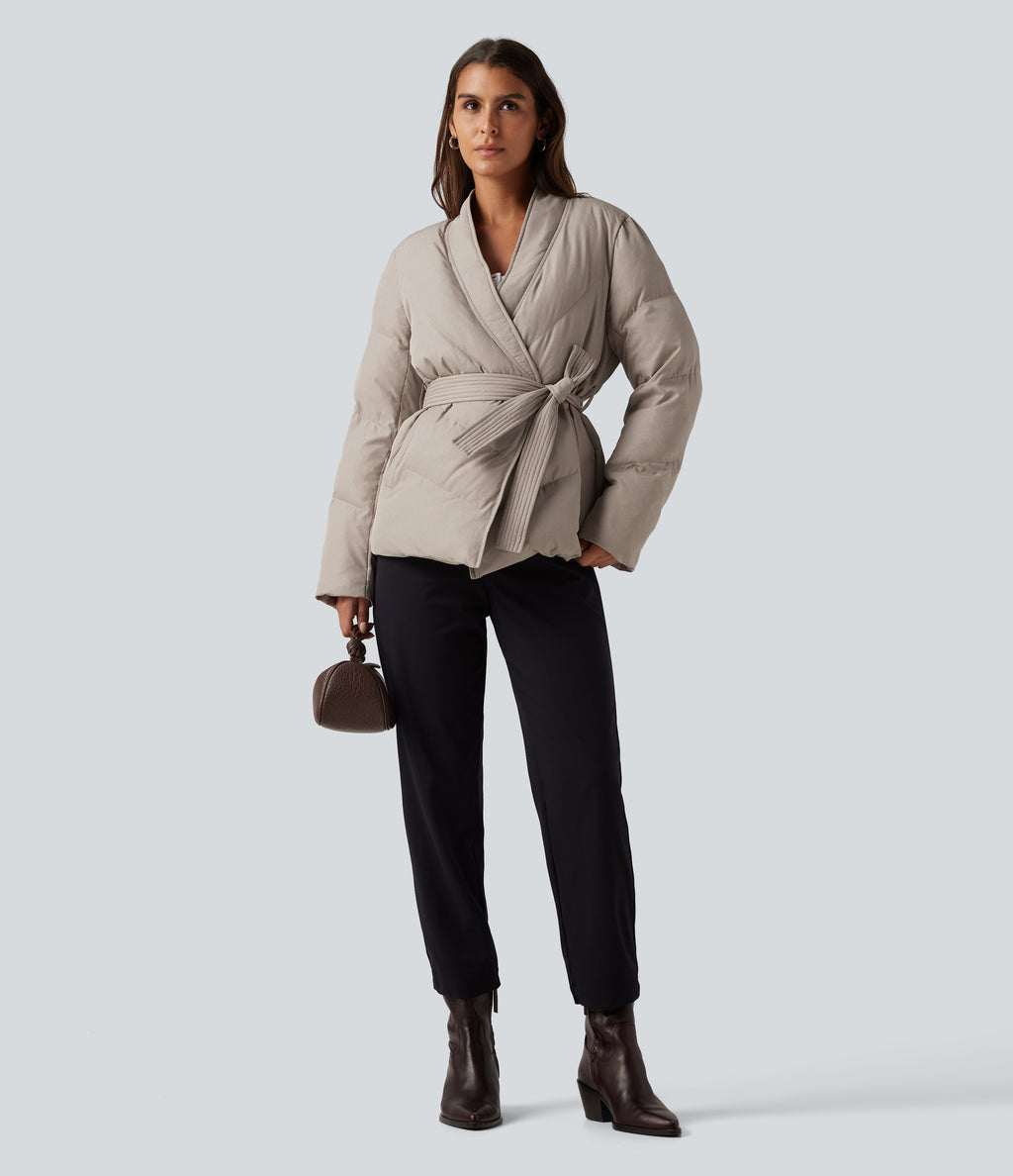V Neck Long Sleeve Belted Casual Down Jacket with Pockets — Island Fossil — view 7