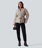 V Neck Long Sleeve Belted Casual Down Jacket with Pockets — Island Fossil — view 7