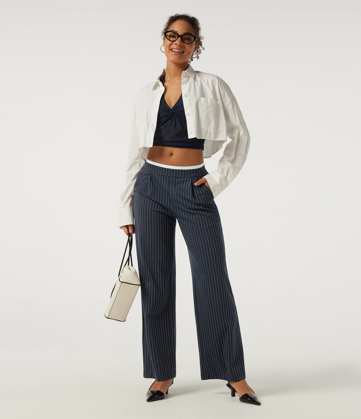 Low Rise Wide Leg Stripe Work Trousers with Pockets — Navy Pinstripe — view 6