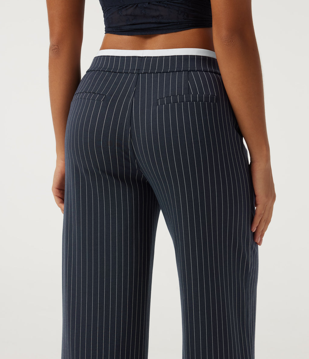 Low Rise Wide Leg Stripe Work Trousers with Pockets — Navy Pinstripe — view 4