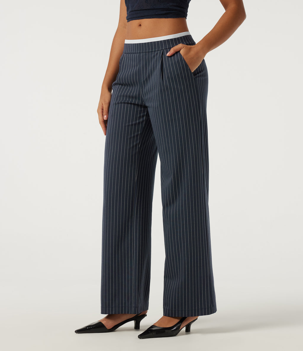 Low Rise Wide Leg Stripe Work Trousers with Pockets — Navy Pinstripe — view 3
