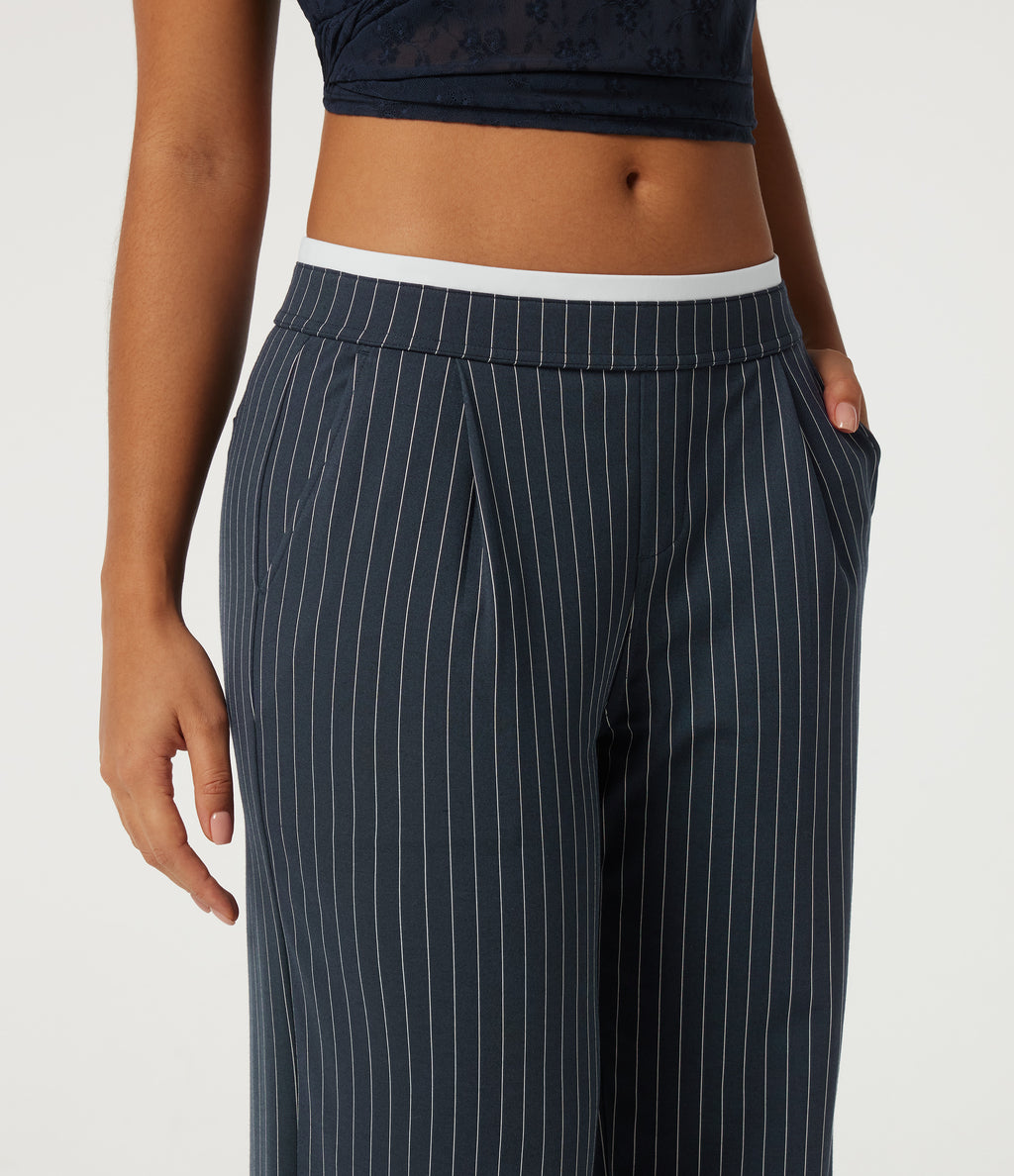 Low Rise Wide Leg Stripe Work Trousers with Pockets — Navy Pinstripe — view 5