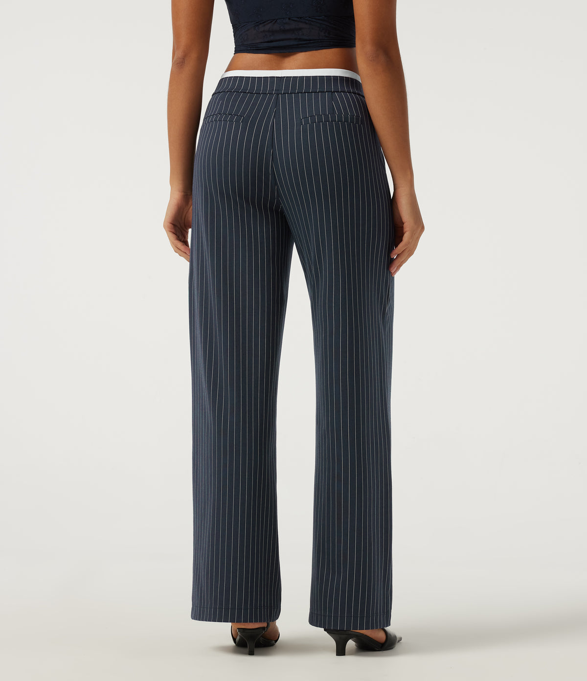 Low Rise Wide Leg Stripe Work Trousers with Pockets — Navy Pinstripe — view 2