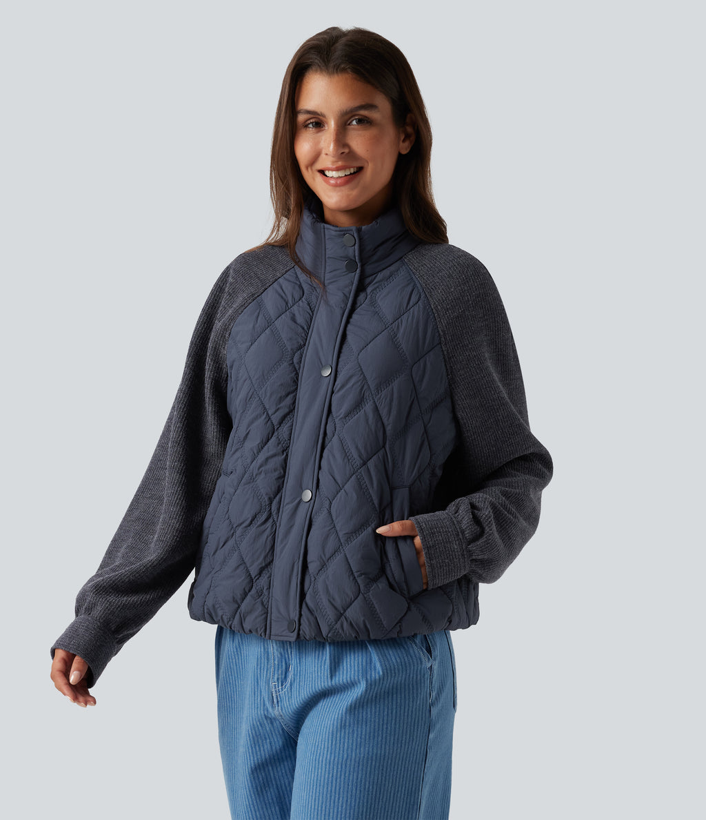 High Neck Long Sleeve Raglan Casual Padded Jacket with Pockets — Always in a Mood - Dark Blue — view 3