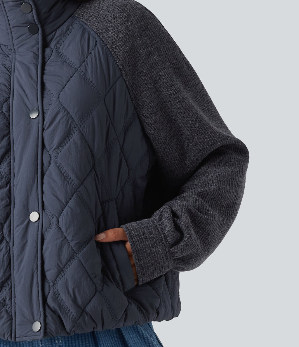 High Neck Long Sleeve Raglan Casual Padded Jacket with Pockets — Always in a Mood - Dark Blue — view 8