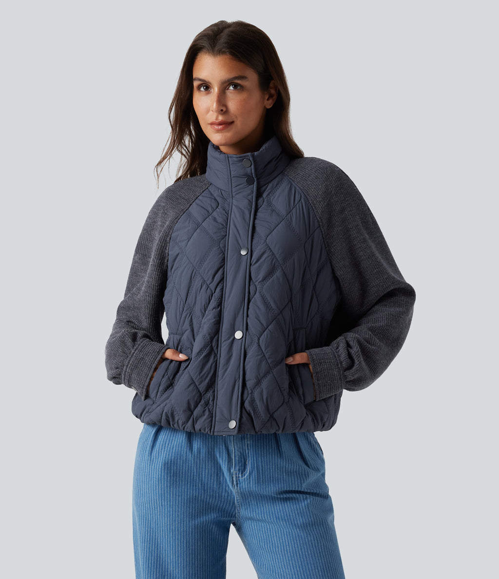 High Neck Long Sleeve Raglan Casual Padded Jacket with Pockets — Always in a Mood - Dark Blue — view 4