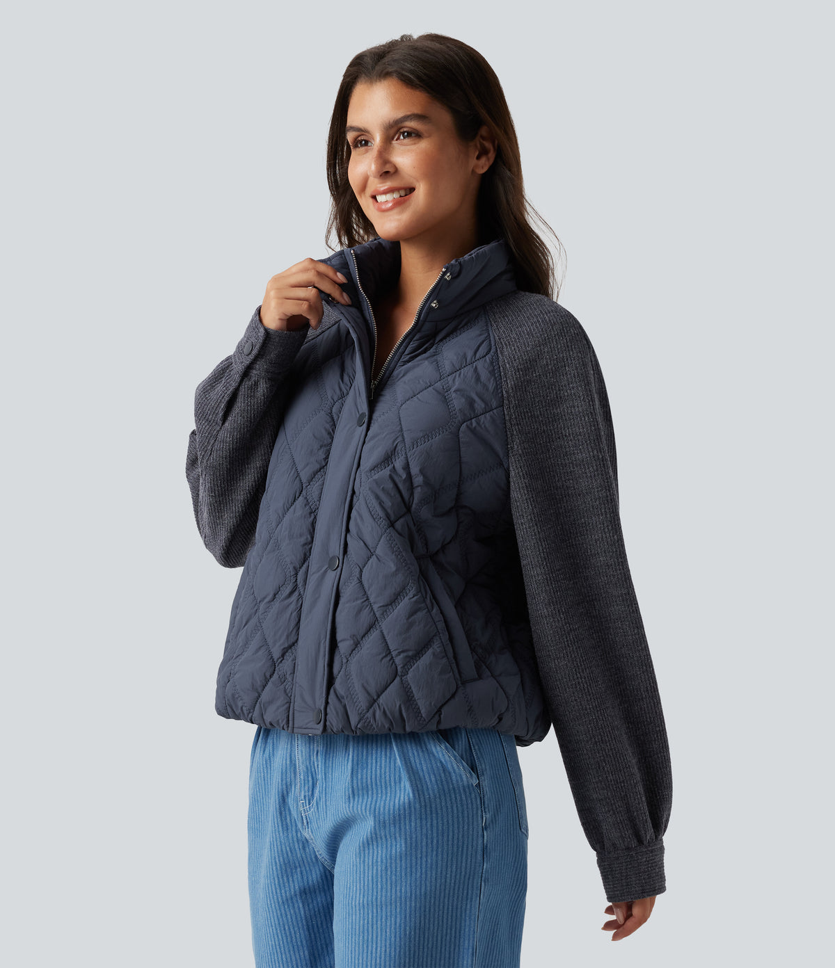 High Neck Long Sleeve Raglan Casual Padded Jacket with Pockets — Always in a Mood - Dark Blue — view 5