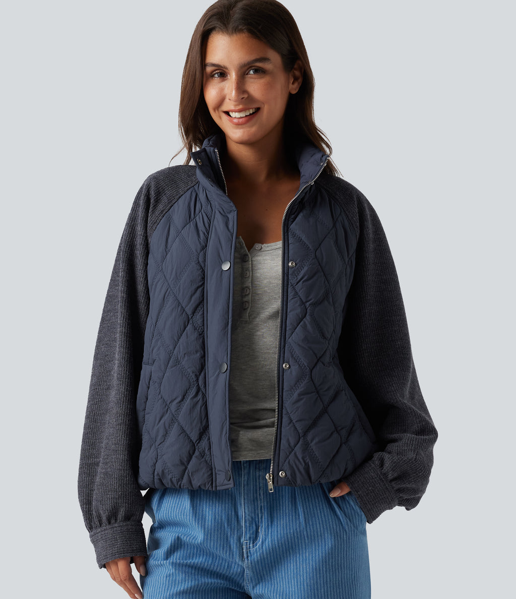 High Neck Long Sleeve Raglan Casual Padded Jacket with Pockets — Always in a Mood - Dark Blue — view 6