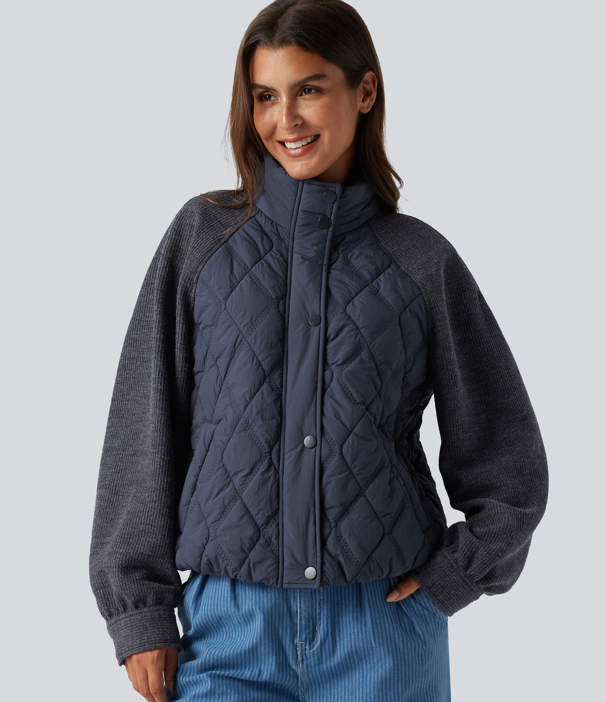 High Neck Long Sleeve Raglan Casual Padded Jacket with Pockets — Always in a Mood - Dark Blue — view 1