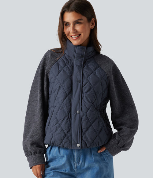 High Neck Long Sleeve Raglan Casual Padded Jacket with Pockets — Always in a Mood - Dark Blue — view 1