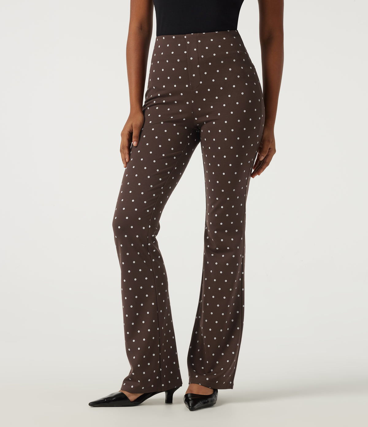 High Waisted Polka Dot Flare Work Trousers with Pockets — Cocoa Confetti — view 1
