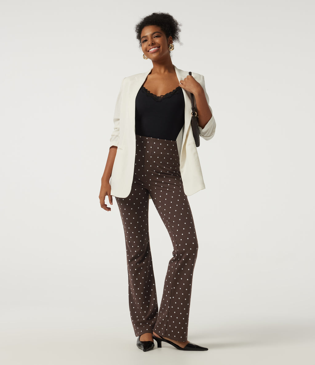 High Waisted Polka Dot Flare Work Trousers with Pockets — Cocoa Confetti — view 6