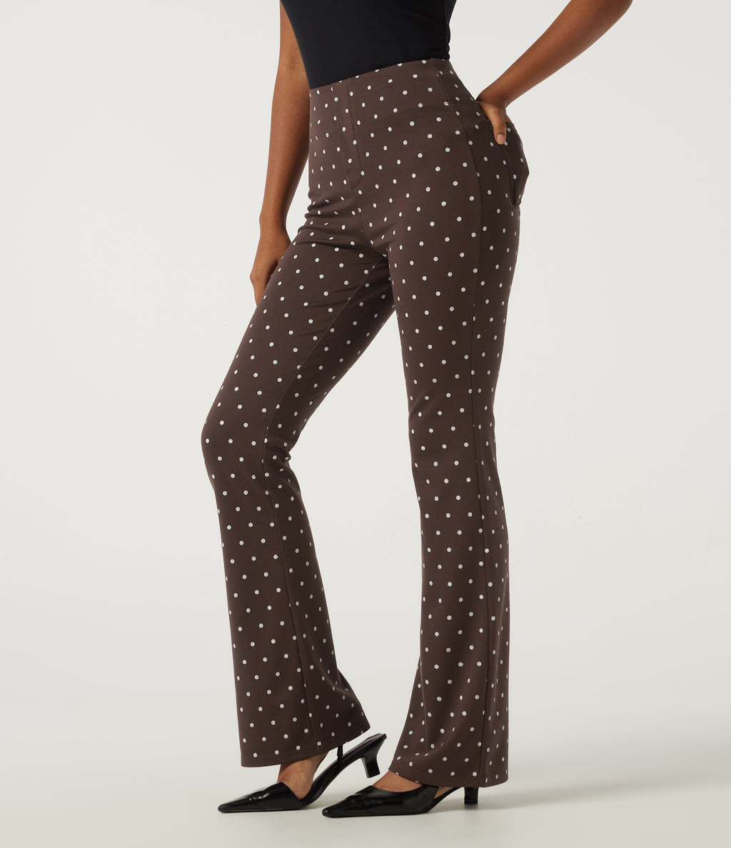 High Waisted Polka Dot Flare Work Trousers with Pockets — Cocoa Confetti — view 3