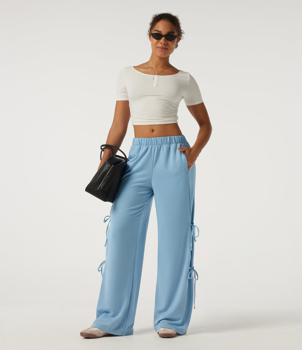 Low Rise Lace Up Wide Leg Casual Sweatpants with Pockets — Airy Blue — view 6