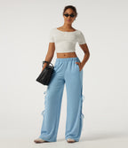Low Rise Lace Up Wide Leg Casual Sweatpants with Pockets — Airy Blue — view 6