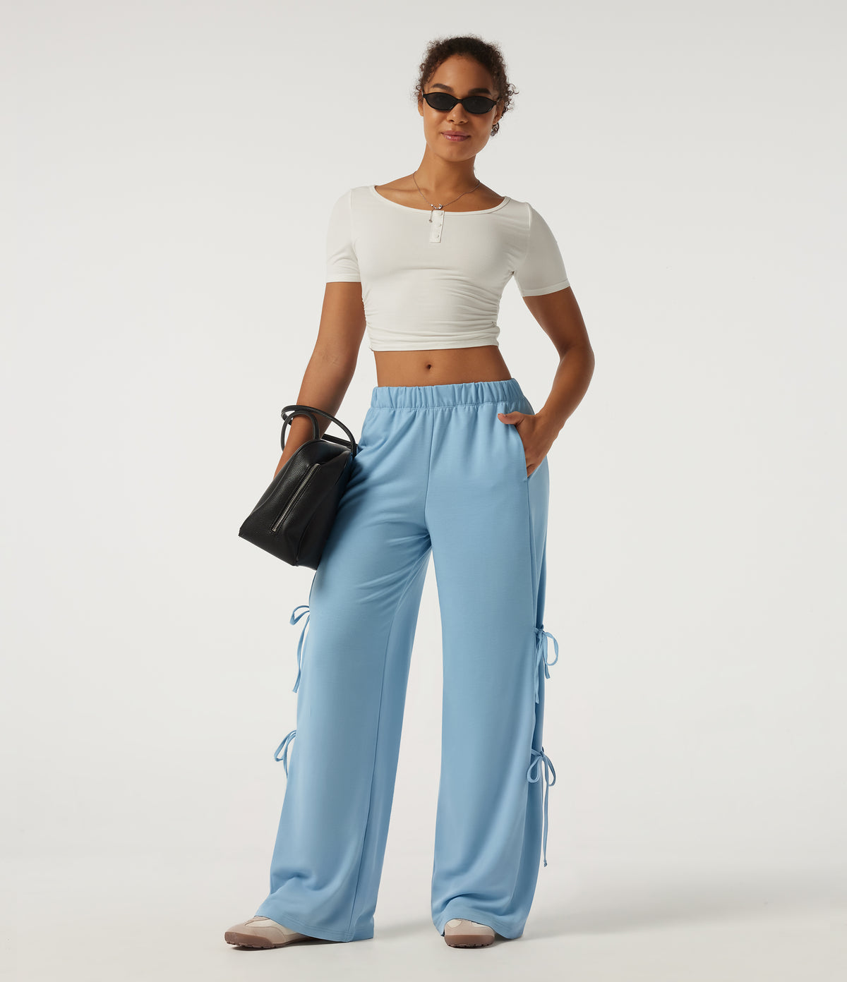 Low Rise Lace Up Wide Leg Casual Sweatpants with Pockets — Airy Blue — view 6