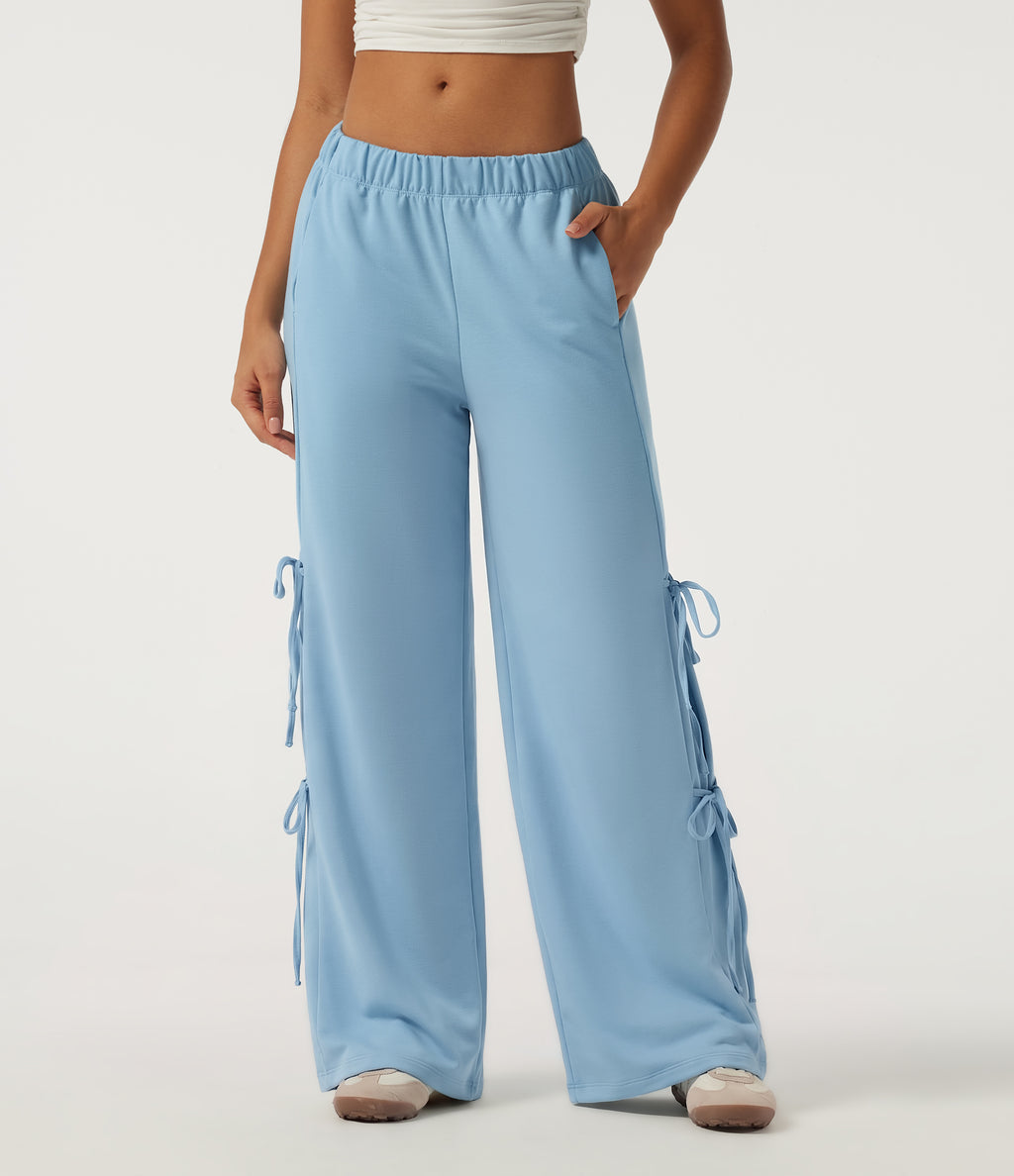 Low Rise Lace Up Wide Leg Casual Sweatpants with Pockets — Airy Blue — view 1