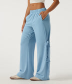 Low Rise Lace Up Wide Leg Casual Sweatpants with Pockets — Airy Blue — view 3