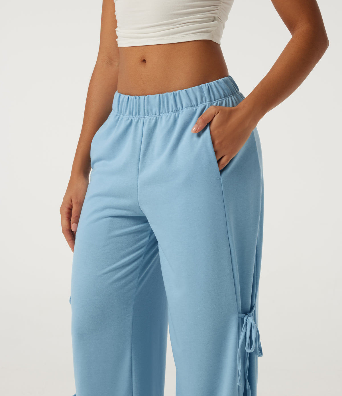 Low Rise Lace Up Wide Leg Casual Sweatpants with Pockets — Airy Blue — view 4