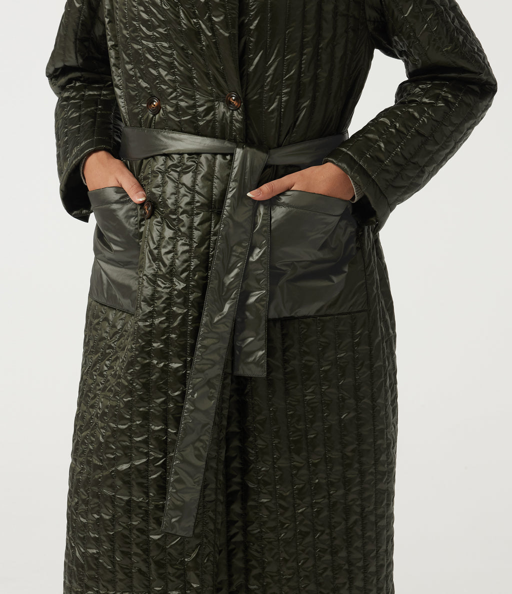 Stand Collar Long Sleeve Belted Longline Work Padded Jacket with Pockets — Shadow Fern — view 7