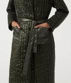 Stand Collar Long Sleeve Belted Longline Work Padded Jacket with Pockets — Shadow Fern — view 7