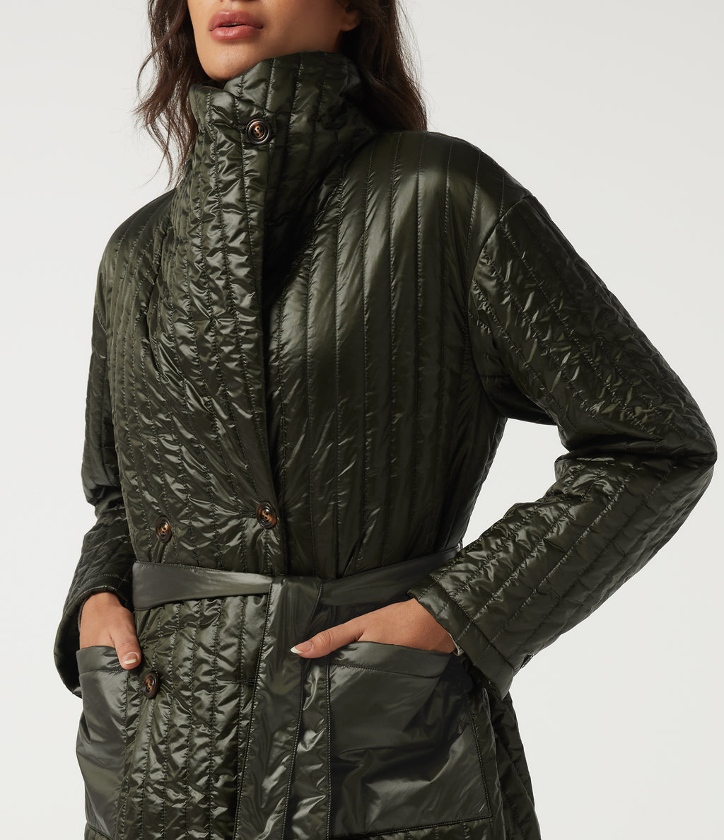 Stand Collar Long Sleeve Belted Longline Work Padded Jacket with Pockets — Shadow Fern — view 5