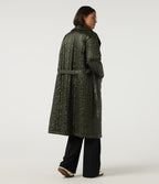 Stand Collar Long Sleeve Belted Longline Work Padded Jacket with Pockets — Shadow Fern — view 2
