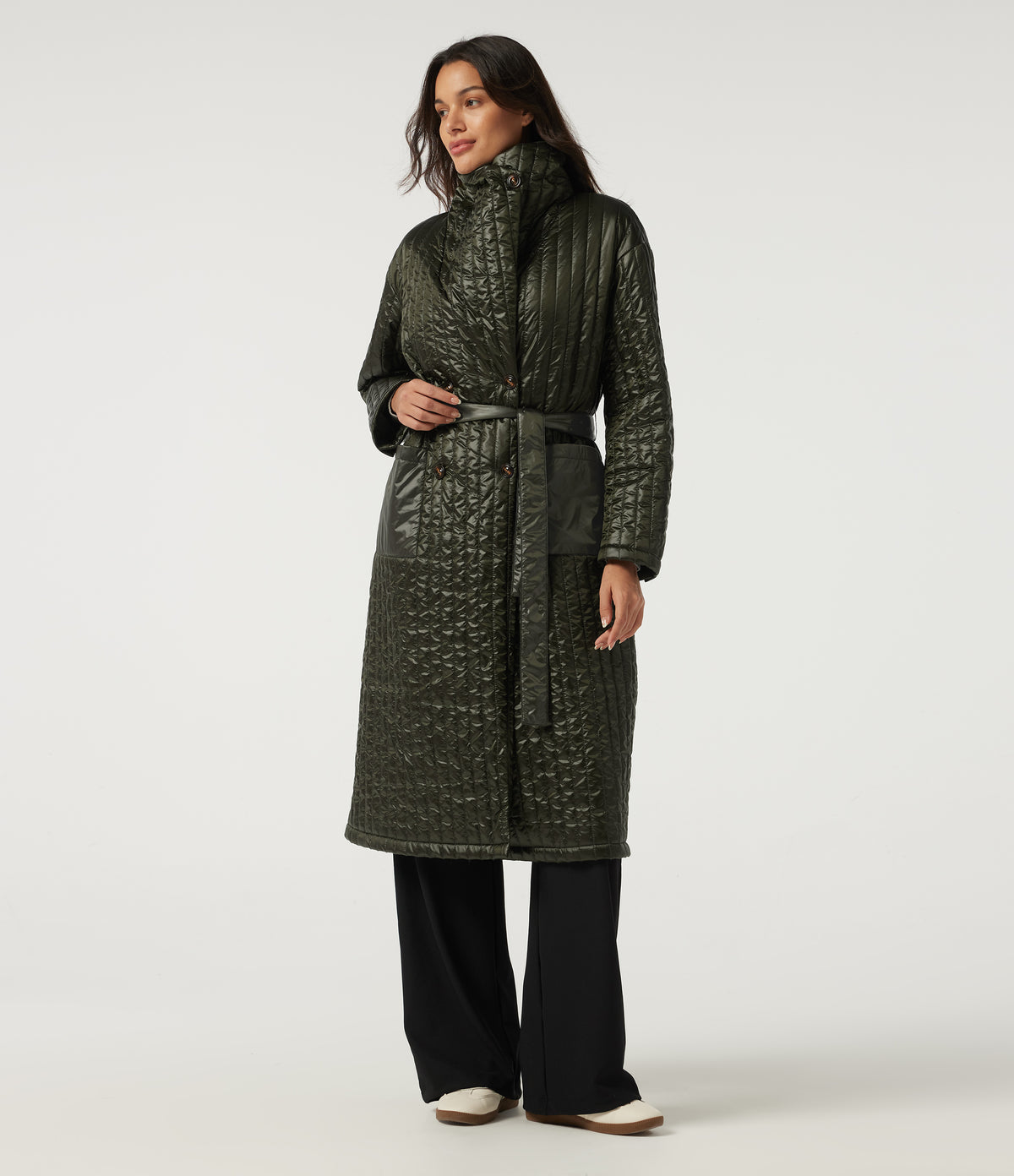Stand Collar Long Sleeve Belted Longline Work Padded Jacket with Pockets — Shadow Fern — view 8