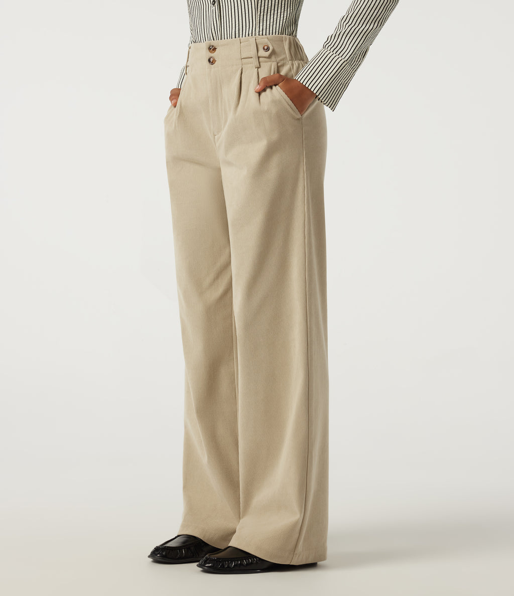 High Waisted Wide Leg Corduroy Casual Trousers with Pockets — Brown Rice — view 3