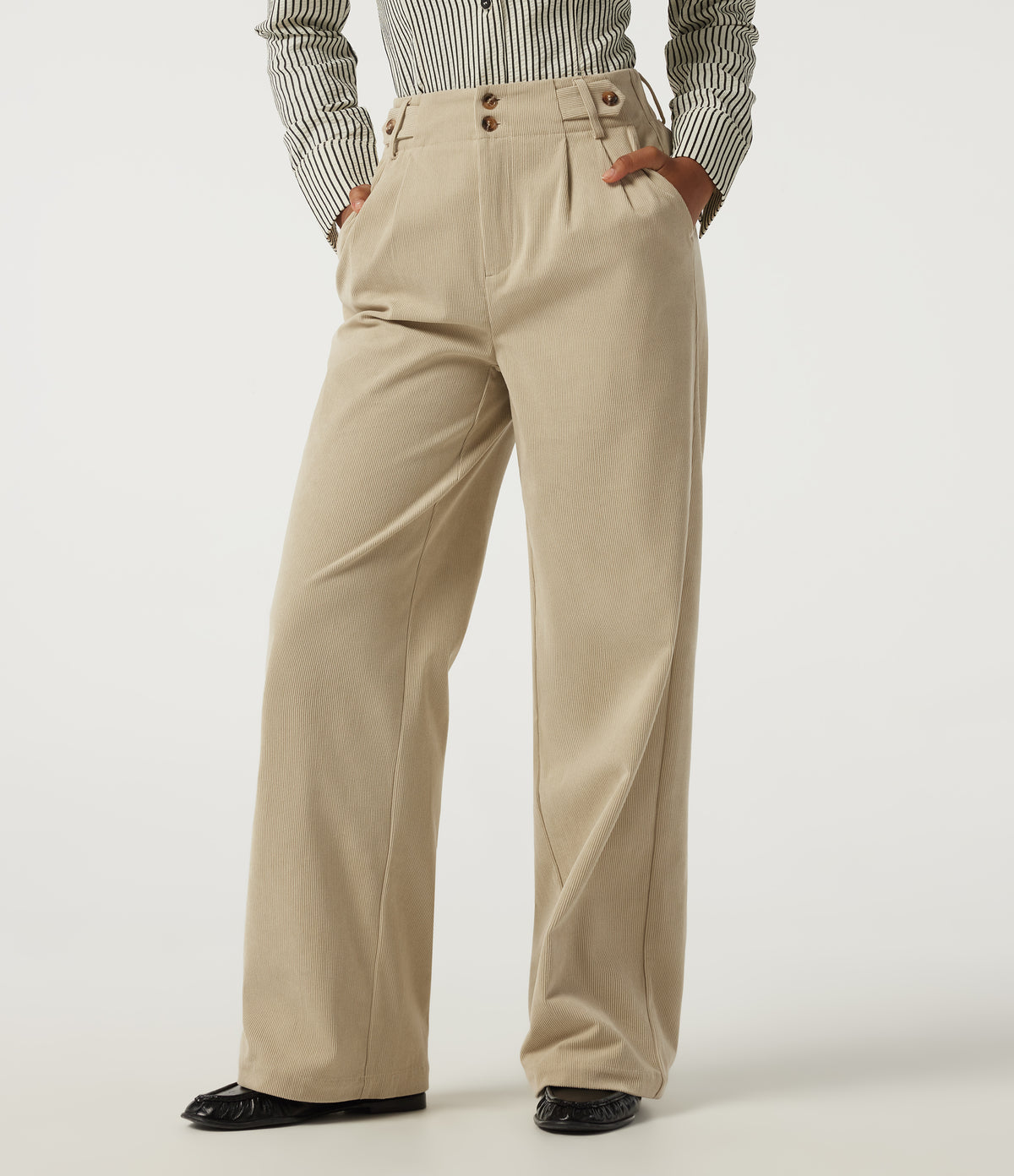 High Waisted Wide Leg Corduroy Casual Trousers with Pockets — Brown Rice — view 1