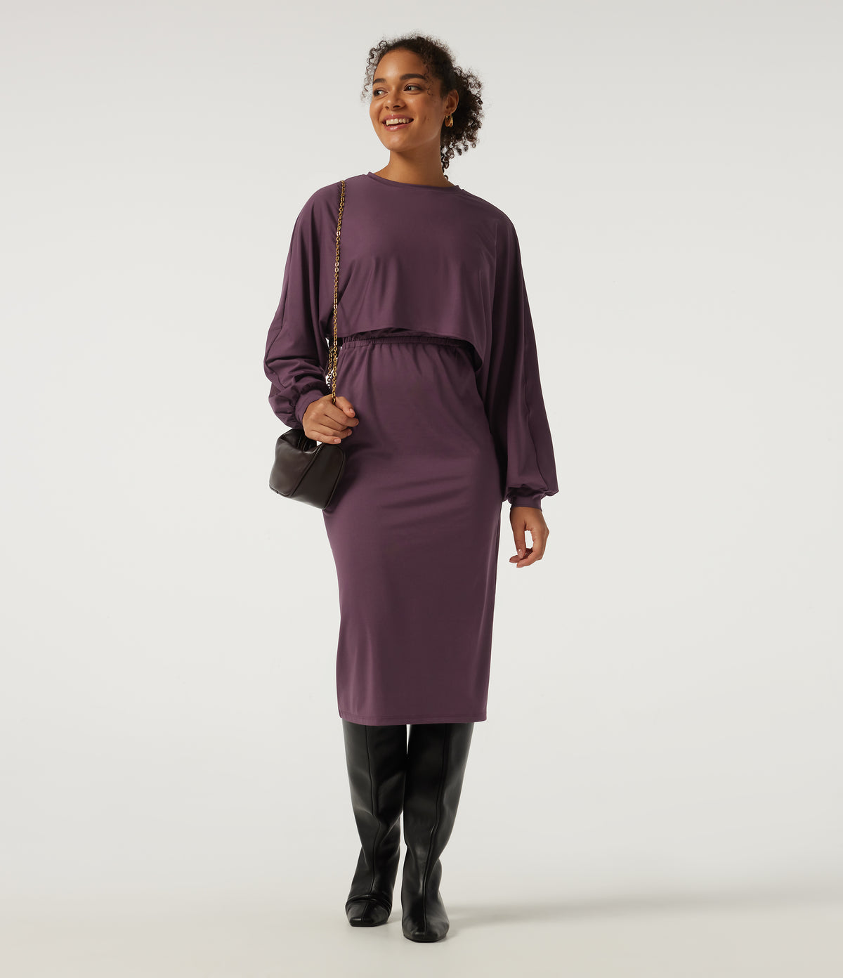 Round Neck Long Sleeve Midi Casual Dress — Plum Wine — view 8