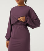 Round Neck Long Sleeve Midi Casual Dress — Plum Wine — view 4