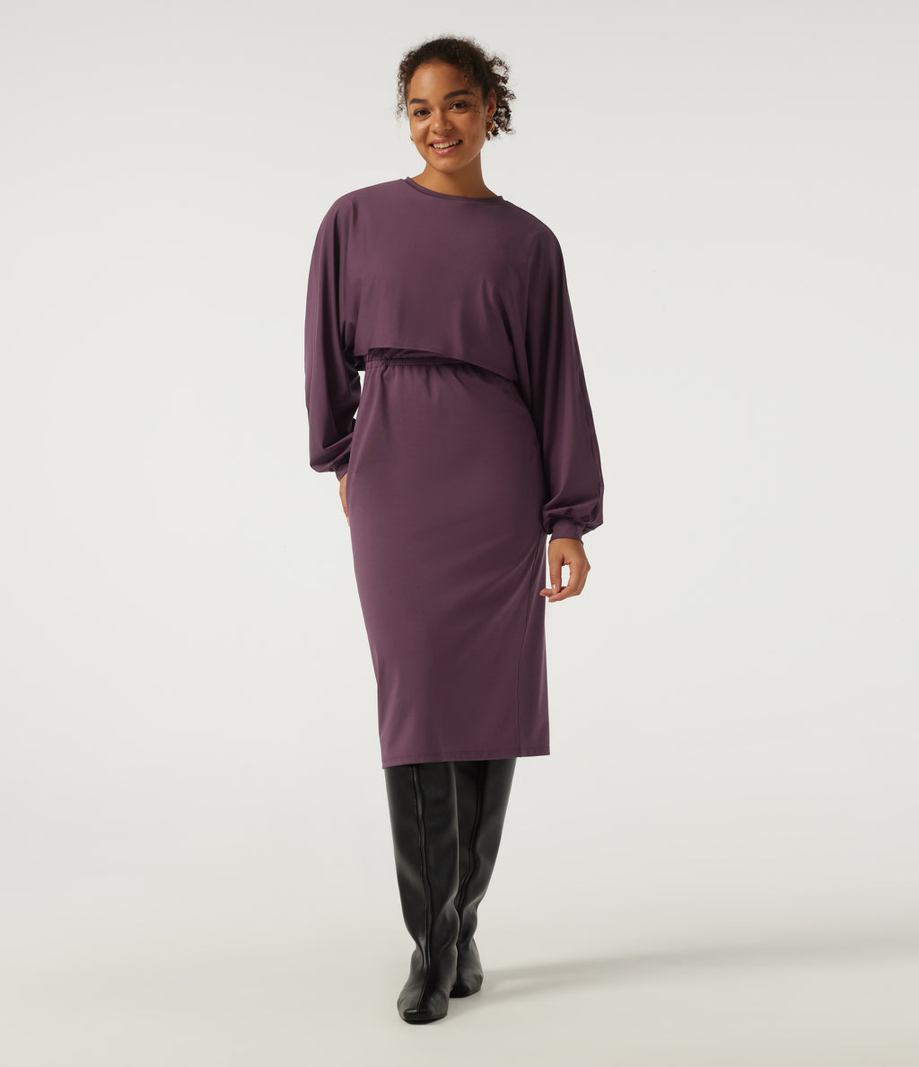 Round Neck Long Sleeve Midi Casual Dress — Plum Wine — view 1