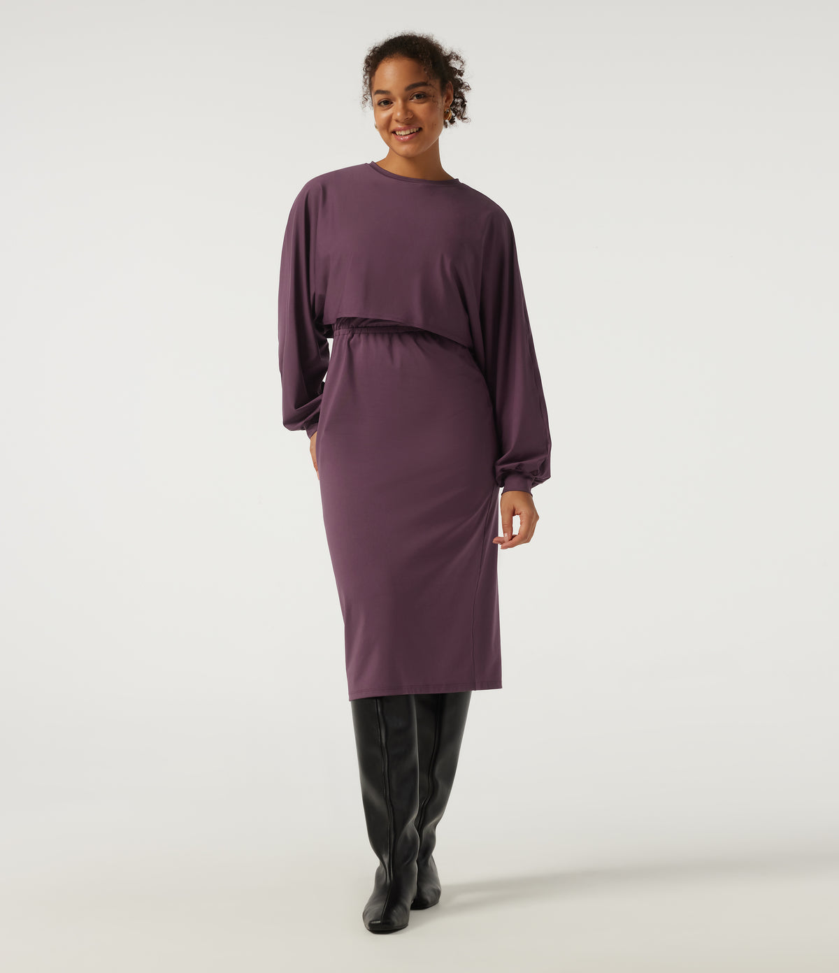 Round Neck Long Sleeve Midi Casual Dress — Plum Wine — view 1