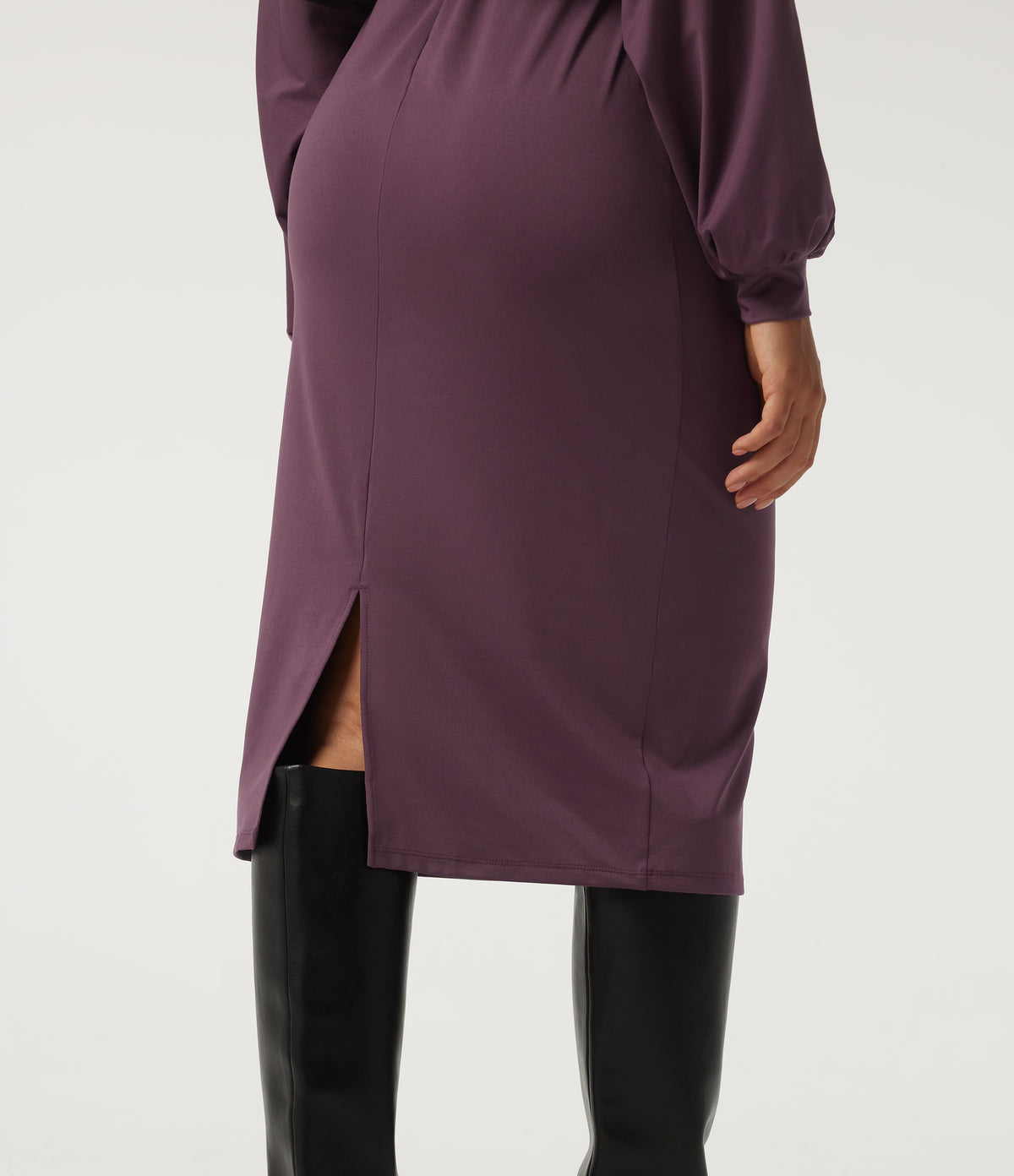 Round Neck Long Sleeve Midi Casual Dress — Plum Wine — view 5