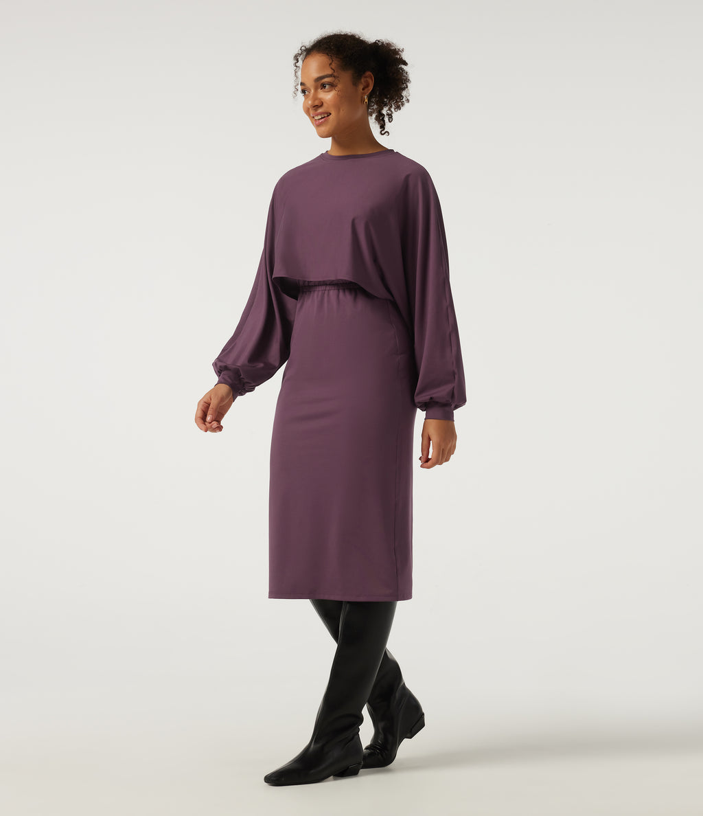 Round Neck Long Sleeve Midi Casual Dress — Plum Wine — view 3